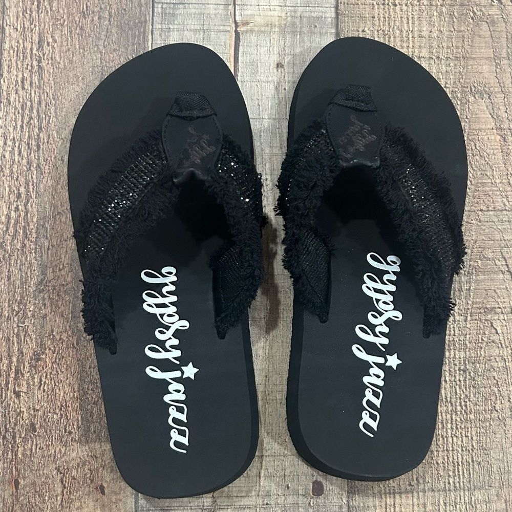 Gypsy Jazz Black Sequin Flip Flops Sandals 6.5 New Sparkly Frayed Platform Thong